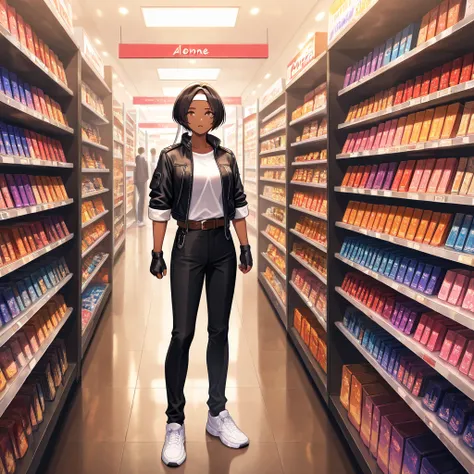 Girl, alone, dark hair, short cut, brown skin, ((black jacket with rolled up sleeves)), open jacket, fingerless gloves, white T-shirt, ((white headband)), white shoes, black pants, wearing brown belt, choosing lip gloss in store, colorful cosmetics on shel...