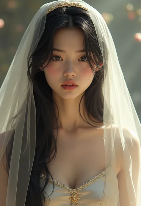 19 year old Asian girl ,  long black hair ,  wearing a dress and a Christian veil.