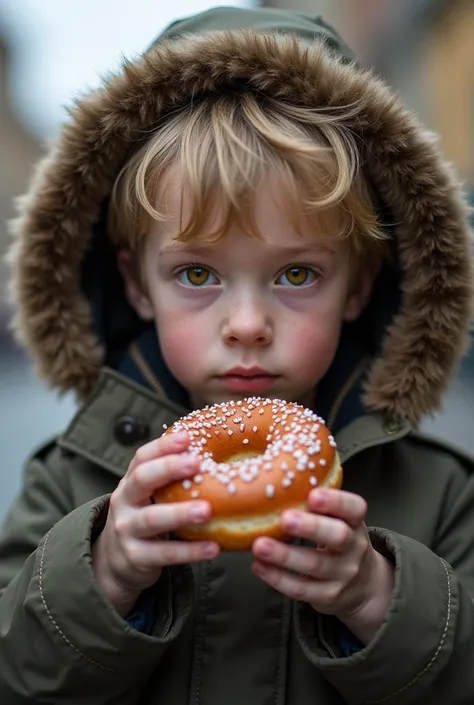 arafed boy in a parka with a donut in his hand, a picture by László Balogh, tumblr, tachisme, blonde boy with yellow eyes, portrait a 1 5 - year - old boy, portrait of  boy, perfect face and boy, portrait of 1 5 - year - old boy, perfect face )