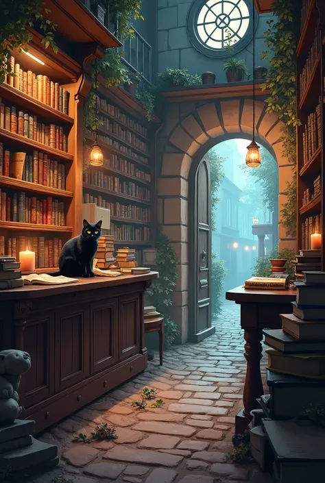 A small old European bookstore，Game art style， fantasy style，Many books，Black Cat