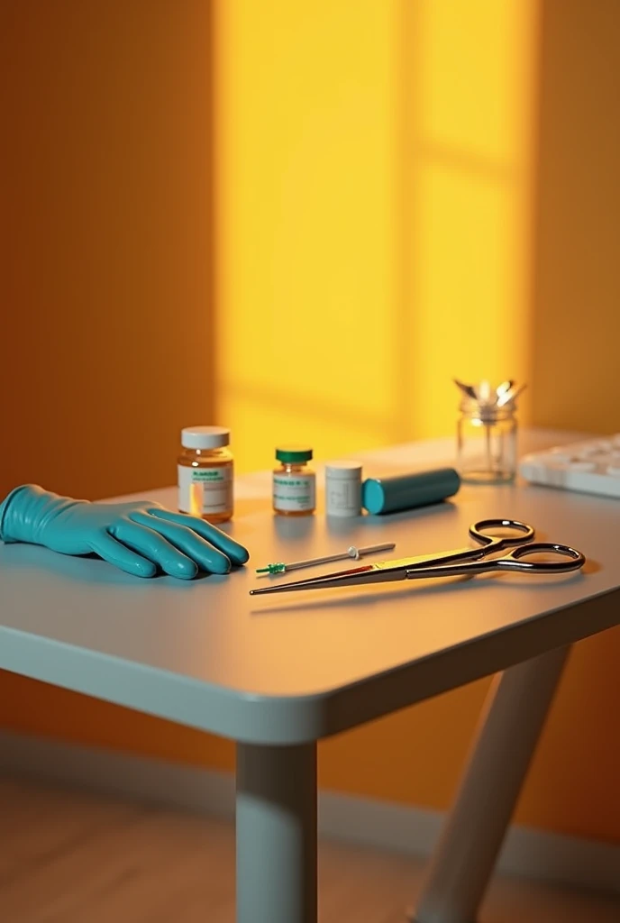  Create a realistic image on a gold background,  where the veterinary table should be depicted ,  on it scissors , injections , tablets, medical gloves 