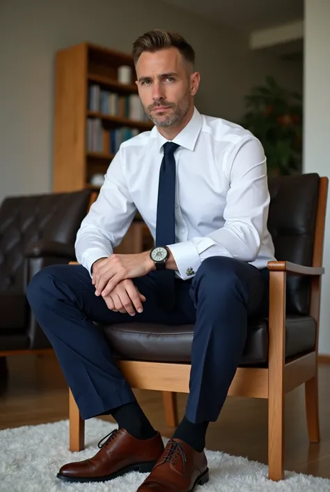 38 years old American man wearing navy blue pants,white dress shirt,black socks,brown leather belt,brown oxford shoes,navy blue tie,and a leather watch.Sitting on a chair inside a living room with a neutral face expression.