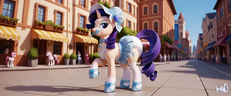 pony unicorn alone ,  adult anthropomorphic mare, Rarity, , the mane is assembled in the color of her mane with a mixture of dark blue and bright silver bonnet ,  purple eyes ,  stands on four hooves overlooking the ass ,  wide open back hooves , walks dow...