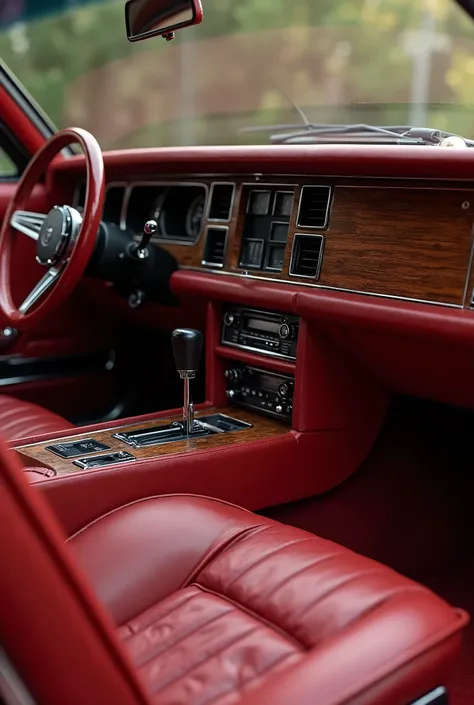 a close up of a car dashboard with a wooden panel, wine red trim, red leather interior, inside a grand, red interior, the console is tall and imposing, 1980 cars, high end interior, wooden trim, wine-red and grey trim, full view of a car, bmw m1 lincoln co...