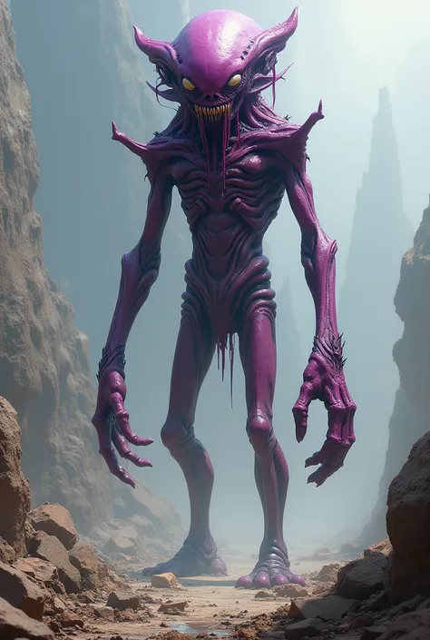  An alien being that is viscous purple with a horror face ,  who has four hands and who is there adapted to a planet full of debris, who is very tall and creative  
