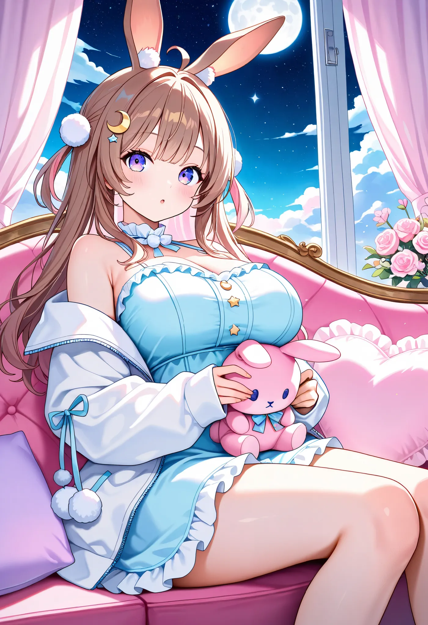 1girl, animal ears, moon, solo, long hair, looking at viewer, window, rabbit ears, hair ornament, star \(symbol\), sleeves past wrists, purple eyes, sky, ahoge, star \(sky\), stuffed rabbit, rabbit, long sleeves, full moon, brown hair, adult, big breasts, ...