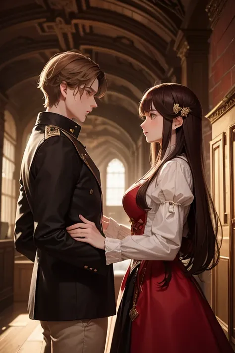 European medieval background, A commoner boy with light brown hair and red eyes and a wealthy aristocrat girl with maroon hair and dark eyes. They're both in their late teens.  They are facing each other apart.