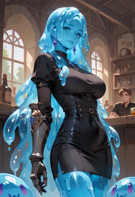 (masterpiece, high resolution, 2k resolution, best quality), (1girl, perfect anatomy, perfect face), slime girl, blue slime milf with a slime body in a black skirt, black shirt wearing metal gauntlets, in a tavern background.