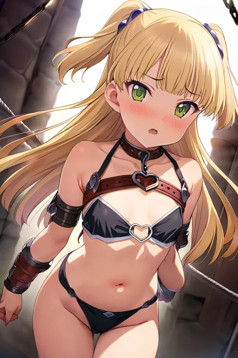 NSFW,masterpiece, best quality, high resolution, very detailed,Rika Jogasaki、Petite、 long hair、 blonde hair、 two side up、bangs、 hair ornament、 green eyes、 small breasts,( slave:1.5),first round,Lock