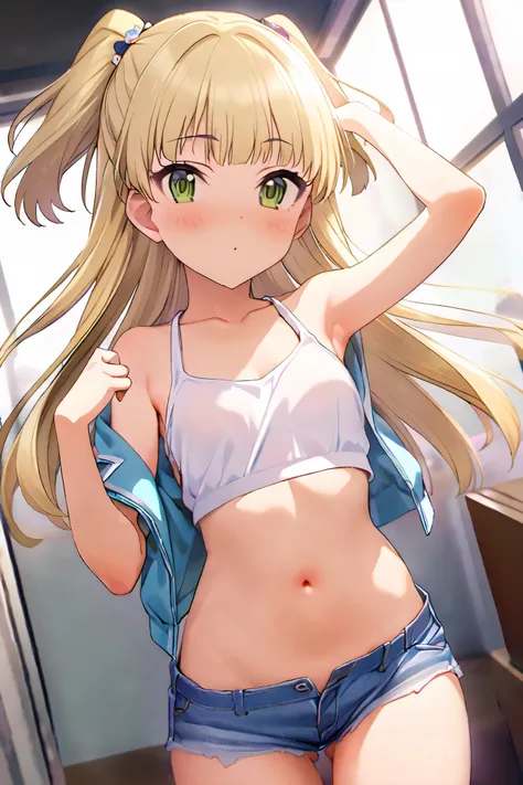 NSFW,masterpiece, best quality, high resolution, very detailed,Rika Jogasaki、Petite、 long hair、 blonde hair、 two side up、bangs、 hair ornament、 green eyes、 small breasts, jacket , tank top, Crop Top , denim shorts that show your stomach just a little,Groin