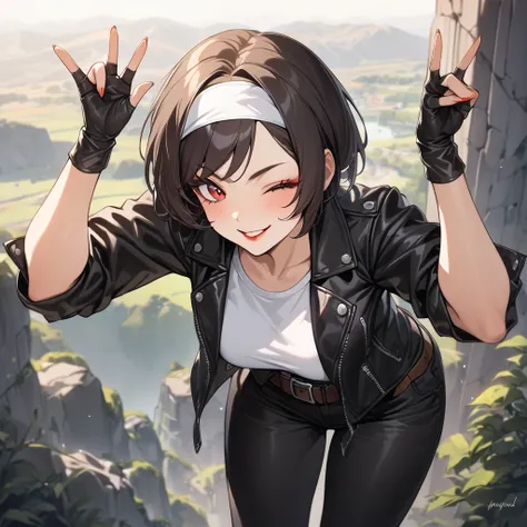 1 Girl, solo, voluptuous, dark black hair, short hair, unibrow, red eyes, fine eyes, (Thrush: 0.8), red lips, ((black leather jacket with rolled up sleeves)), black fingerless gloves ,white t-shirt, (( white headband)), black pants, white shoes, brown belt...