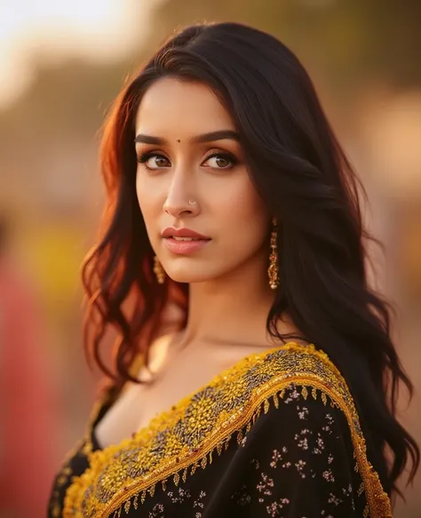 a woman in a black and yellow patterned saree, beautiful detailed eyes, beautiful detailed lips, extremely detailed face and skin, long eyelashes, elegant pose, outdoor setting, sunset lighting, photorealistic, 8k, high quality, intricate details, vibrant ...