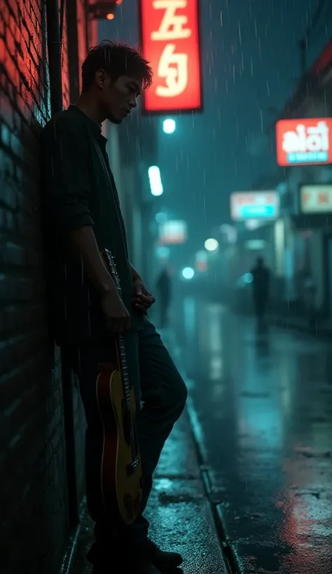 “A realistic and emotional portrayal of a handsome Thai man standing alone with a guitar in his hand in a dimly lit urban setting, such as a quiet alley or a rain-soaked street. The man has a sorrowful expression, his eyes full of desire and pain, as if he...