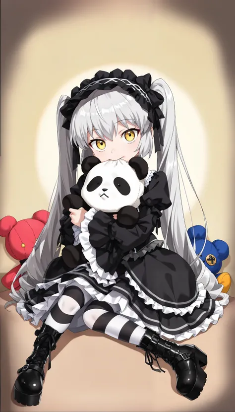 (masterpiece:1.3,  top quality :1.3,  detailed depiction  :1.3,  high resolution :1.3,   High Quality Anime Painting   ), (  1 girl\  gothic lolita, Big black boots ,  white and black striped tights , plush man-eating panda  ), (Gray Hair, yellow eyes,  sm...