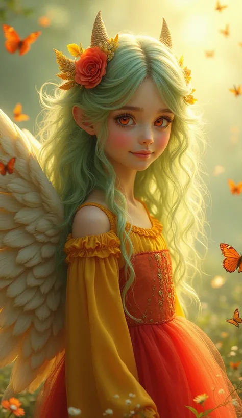 A beautiful angel girl (beautiful red eye, to cones on the head, long   light green kerling hairs , and red  and yello  beautiful dress,a big  tale, and big wings) stay a beautiful season sky and touch the beautiful butterflies and smiling