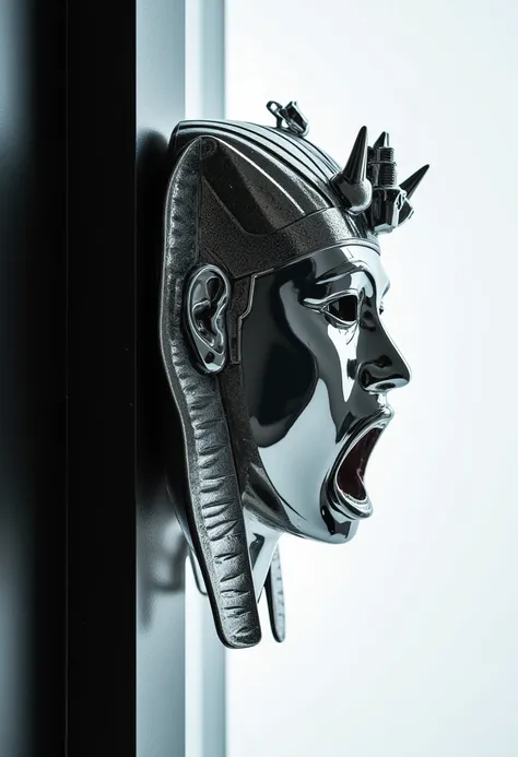  IMAGE OF THE Tutankhamun Mask with a side profile ,  front part in solid polished silver and reflecting everything around you, strong lighting,  sinister mask without eyes and with open mouth ,   it hangs on a black metal wall  ,  white background, Cyberp...