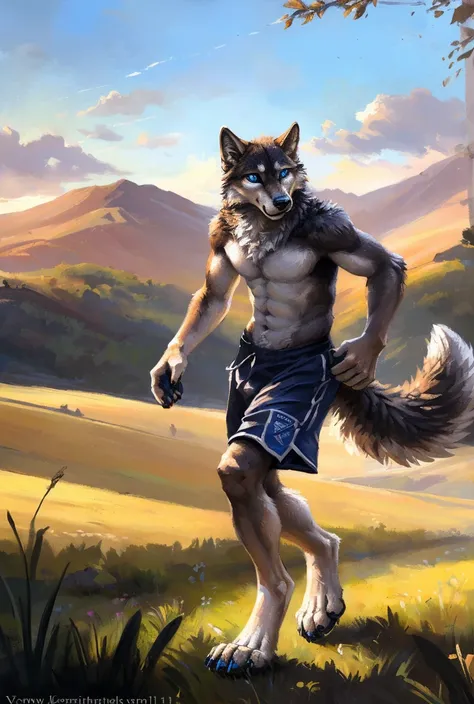 ((Solo)), male people, anthro wolf, (Multi-colored fur, White-brown:1.3，White tail pointed), (Height 2.1m,Tail length 1.2m), ((Wolf face, Big eyes, White eyelids, Blue pupil, Slim:1.2) (Tough, Calm expression:1.2)), Abs, Slim, pinging)), (Correct anatomy),...