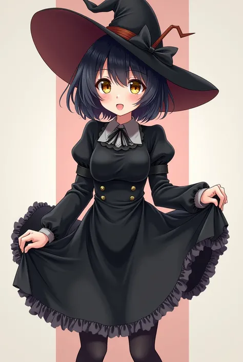 Draw a beautiful witch with black bob hair and impressive golden eyes!  The costume is a Western-style black top dress, and she wears black stockings and black shoes.!  The personality is honest and straightforward, but negative. ! Draw me in Japanese anim...