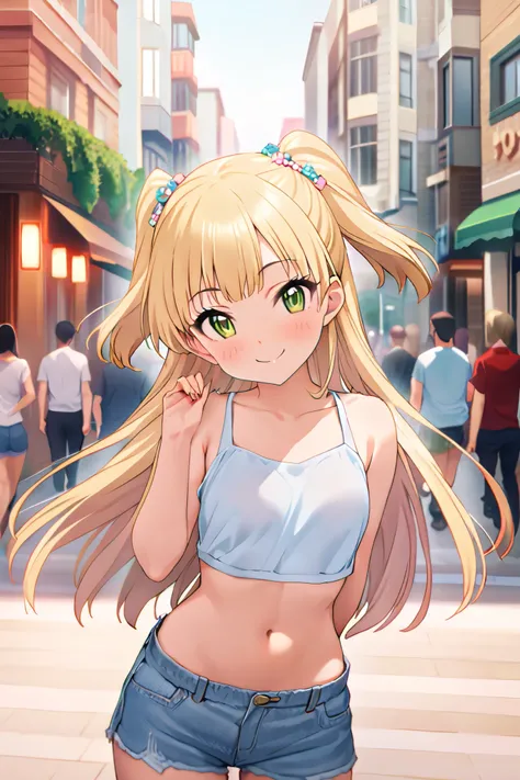 NSFW,masterpiece, best quality, high resolution, very detailed,Rika Jogasaki、Petite、 long hair、 blonde hair、 two side up、bangs、 hair ornament、 green eyes、 small breasts, jacket , tank top, Crop Top , denim shorts that show your stomach just a little,Groin,...
