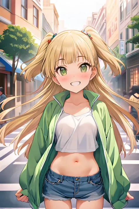 NSFW,masterpiece, best quality, high resolution, very detailed,Rika Jogasaki、Petite、 long hair、 blonde hair、 two side up、bangs、 hair ornament、 green eyes、 small breasts, jacket , tank top, Crop Top , denim shorts that show your stomach just a little,Groin,...