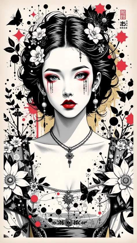 best style, ilustrator anime, retro style classic, master piece:1.5、(minimal art, line drawing), woman、Black and white art:1.2、lips are red、Black and white world、silence、An ennui look、Densely drawn