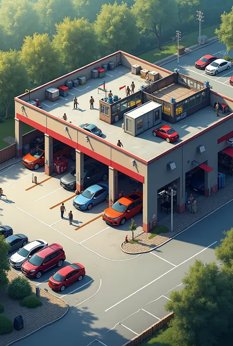 A wide Auto Repair Shop Garage with Many Parking Lots with Coffe Shop Upstairs and MiniStore