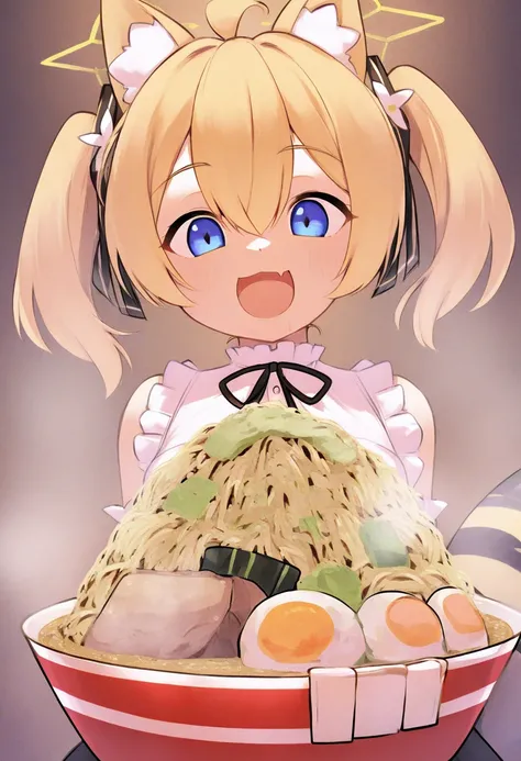 Eat a mountain of ramen jiro,Highest quality,Blonde with blue eyes、Lolita、Small breasts、Twin tails、girl&#39;mischief,smile,ramen jiro,cute eyes,