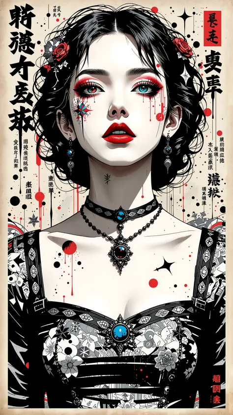 best style, ilustrator anime, retro classic style, master piece:1.5、(minimal art, line drawing), woman、Black and white art:1.2、lips are red、Black and white world、silence、An ennui look、Densely drawn