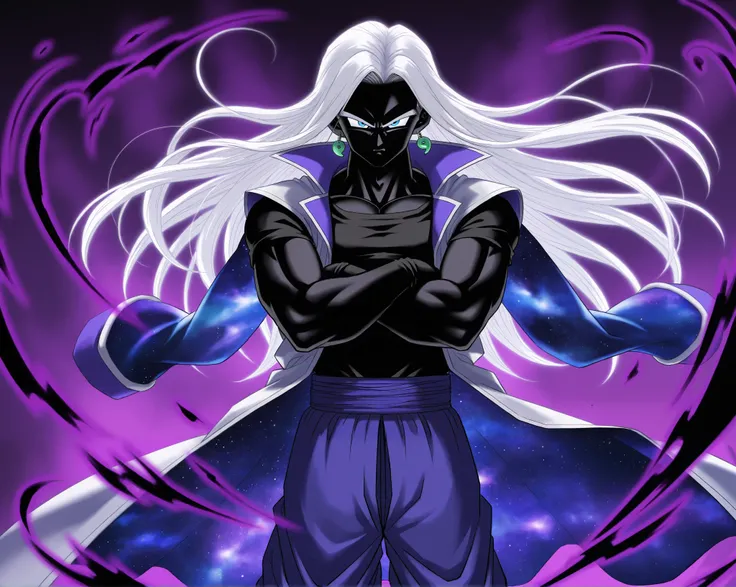  male 、dark white hair 、   long hair、 darkness 、Gloomy face、 galaxy eyes、   high resolution、 Super Fine、whole body、 Galactic Coat、 Space  Hand、   dragon ball style、Son Goku Wind、Dragon Ball Super、 Madness 、 Magatama Earrings 、   best image quality 、、 darkn...