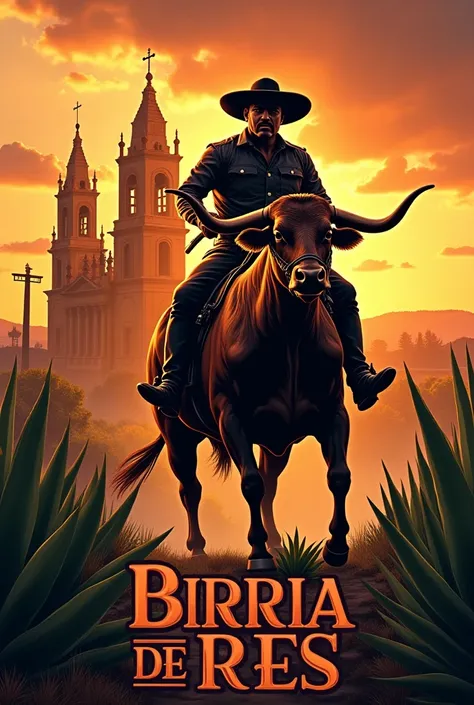 Create for me a beef beer logo with a black charro riding a muscular brown bull against the background of the cathedral of Guadalajara Jalisco, with many agave plants in front and with large letters that say birria de res guanatos with the landscape dawnin...