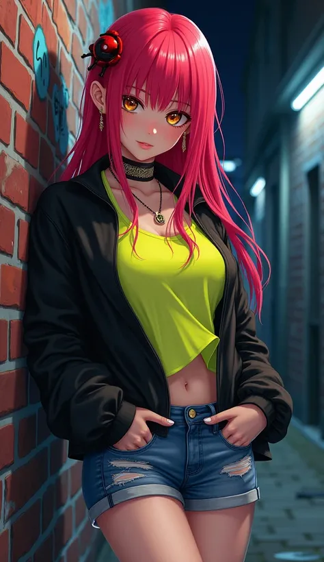 (masterpiece, best quality, 1 girl, solo, intricate details, chromatic aberration), realistic, ((medium breath)),long hair, red hair, red decoration on the head, pink highlights, amber eyes, earrings, sharp eyes, necklace, neon shirt, ripped shorts, unbutt...