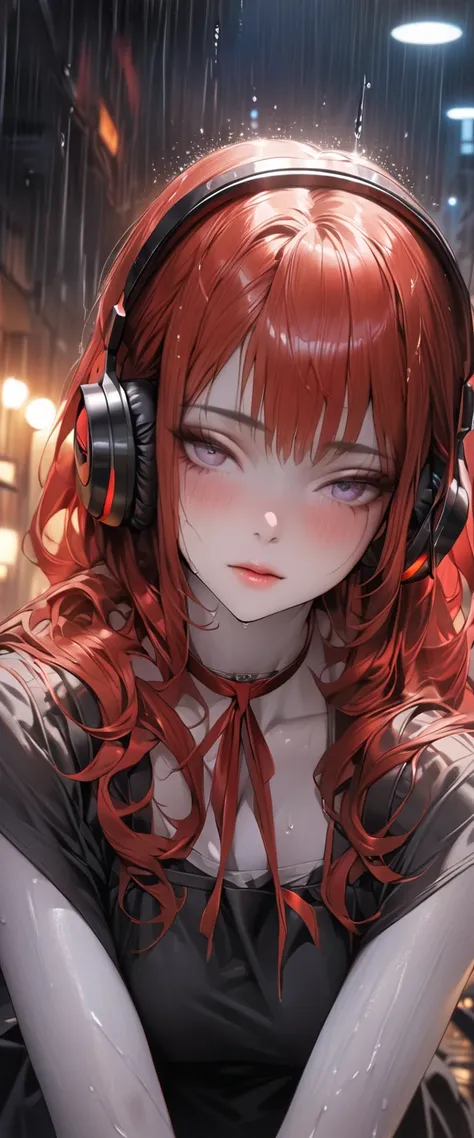 ((masterpiece, best quality)), (1girl), (solo), (female focus), beautiful, (wearing hearphones), studing while is raining at night,(very detailed face, real image, realistic white skin, realistic body, intricate details), upper body, red hair tied, long ha...