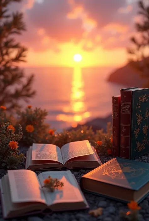 Create images for me with books and the sunset 