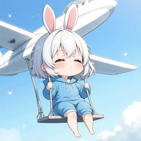  Sleepy little character wearing a blue wide-fit knee-length hoodie 、I'm on a swing attached to an airplane 、She sits holding both bridges on the swing, wears 、The swing has strings attached to both wings of an airplane、The plane is flying towards the righ...