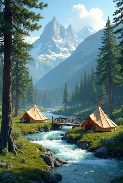 Alpine trees and its roots touching  and white water river  and 3 ssfari tents ,mountain, green grass, wooden bridge