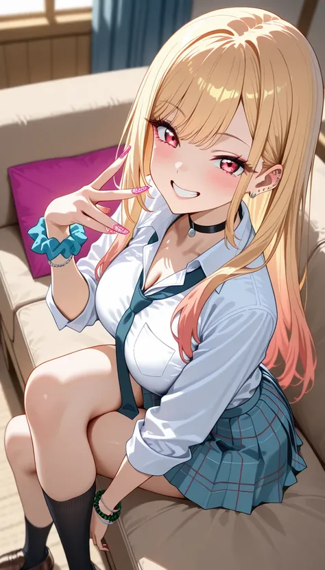 Marin Kitagawa, long hair, blonde hair, light pink ombre hair, red eyes, earrings, ear piercing, stud earrings, black choker, loose necktie, school uniform, collared shirt, bead bracelet, bangle,  long fingernails, pink nails, nail art, gyaru, pleated skir...