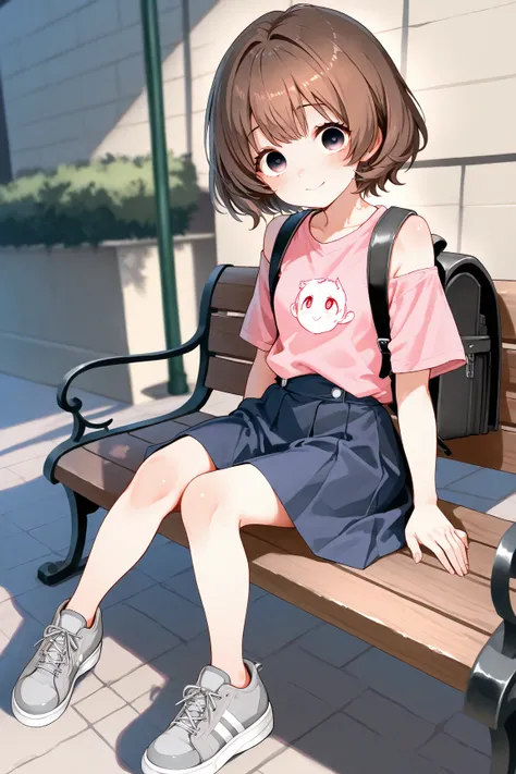 １ bashful girl　 elementary school students　 short　 park benches　Short Hand　 Small Hands　Small feet　 thin legs 　Short legs　Big face　closed mouth　Narrow shoulders　 　 bright brown hair 　 short hair 　 big eyed 　Shiny Eyes　 ecstatic eyes 　Very large pink t-shir...