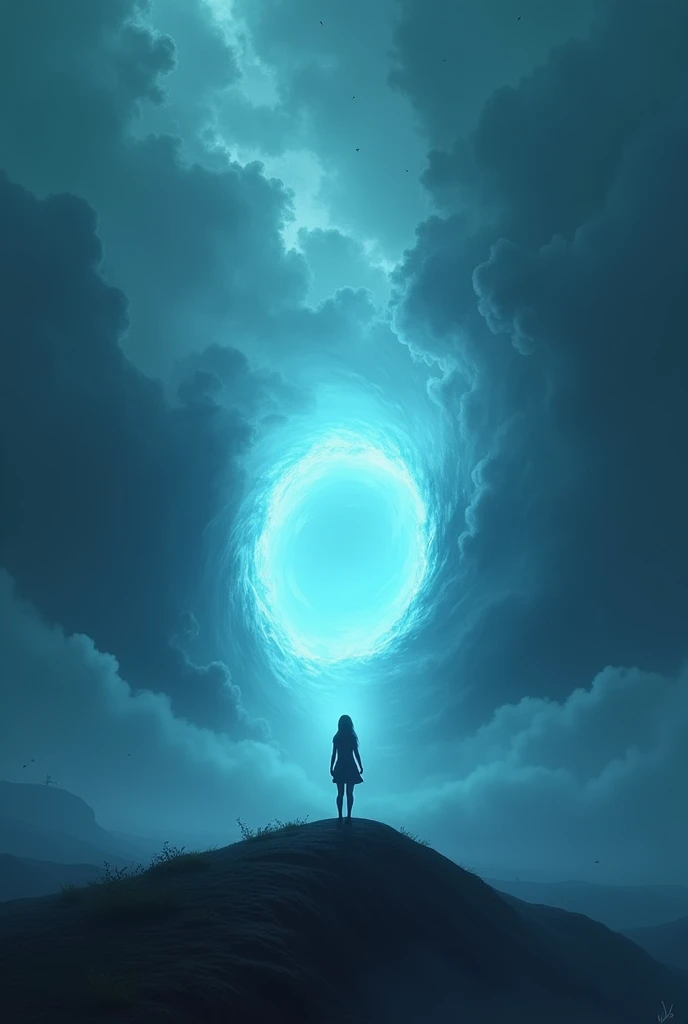 ((book cover))A vast, shadowy landscape stretches endlessly under a blanket of swirling, storm-like clouds. At the center of this ominous expanse lies a massive, glowing circular portal, radiating an otherworldly bluish light that illuminates the misty air...