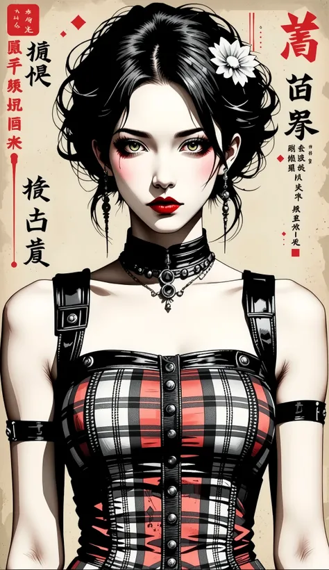 best quality, illustrator anime, style retro classic, master piece:1.5、(minimal art, line drawing), woman、Black and white art:1.2、lips are red、Black and white world、silence、An ennui look、Densely drawn, red plaid tank top, huge breasts, 
