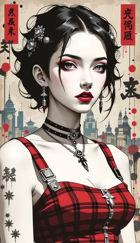 best quality, illustrator anime, style retro classic, master piece:1.5、(minimal art, line drawing), woman、Black and white art:1.2、lips are red、Black and white world、silence、An ennui look、Densely drawn, red plaid tank top, huge breasts, 
