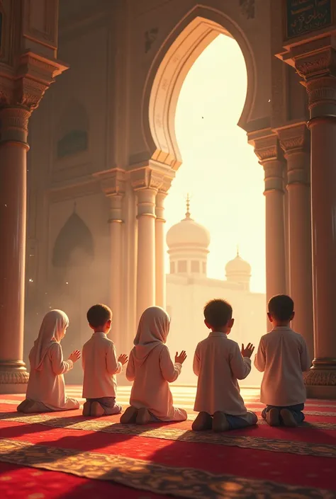 Little Muslim boys and girls are praying in the mosque.