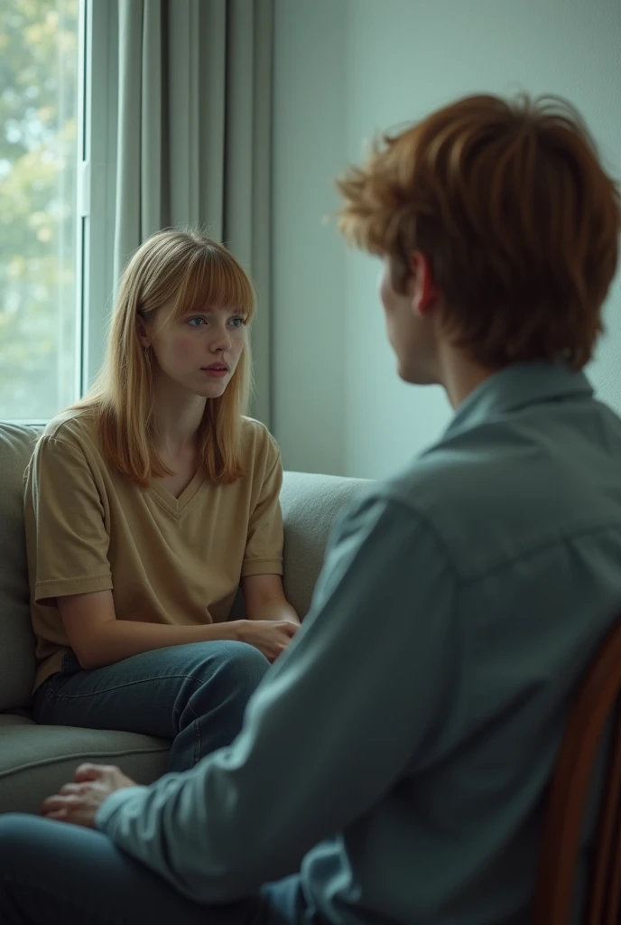  A beautiful 20-year-old with neck-length blond hair and bangs and dark blue eyes sits slouched on a couch in a psychiatric clinic. In front of him is the psychologist, a other 24-year-old boy with medium-length neck-length reddish-brown hair and light bro...