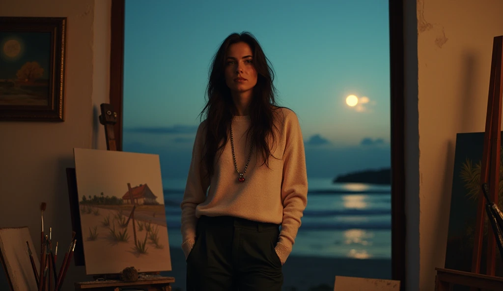 Caterina Bonucci, La Camaleonte, artist portrait, art studio, moonlit beach, large window, pastel cashmere sweater, dark trousers, loafers, dim lighting, golden light, long dark hair, prominent Chameleon's Tear gemstone necklace, contemplative expression, ...