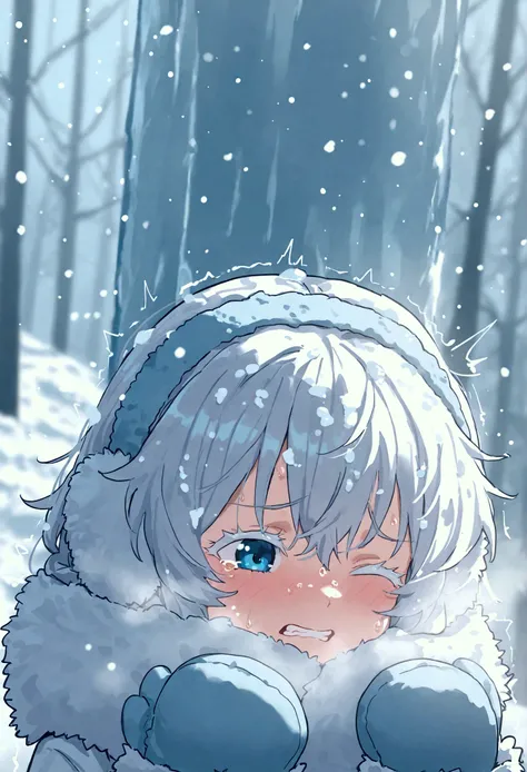 In the snow,  girl shivering in the cold ,  the fluffiest fur coat ,  hanging a scarf on her face , Frozen hair ,  clench your teeth in Japanese,  the fluffiest fur coat ,  add surprising lines ,  in the frozen snow forest ,  surprised breathing ,  big bul...