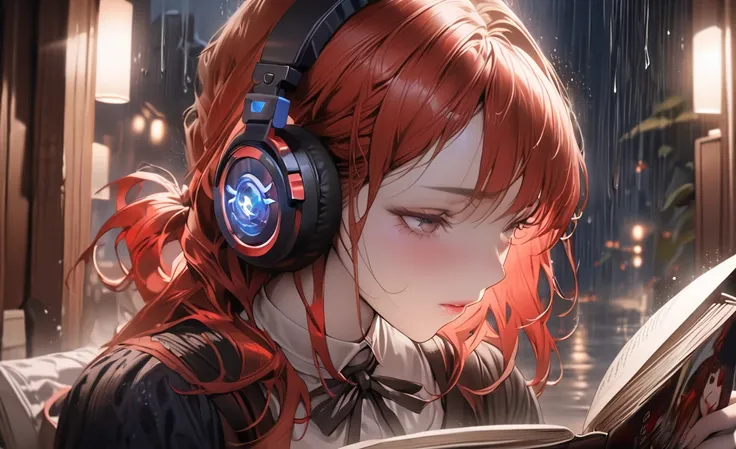 ((masterpiece, best quality)), (1girl), (solo), (female focus), beautiful, (wearing hearphones), ((reading a book)) while is raining at night,(very detailed face, real image, realistic white skin, realistic body, intricate details), upper body, red hair ti...