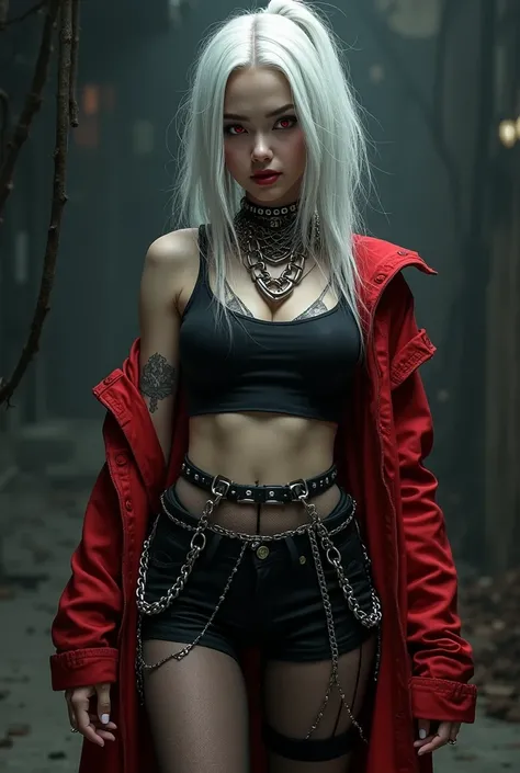 Create a girl with black top with chains black shorts with chain black tights dark red coat dark red details white hair eye covers and red eyes