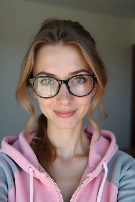 woman wearing a pink and grey hoodedie and glasses, 8k selfie photograph, without makeup, photo of a woman, 3 0 years old woman, moleksandra shchaslyva, 30 years old woman, anastasia ovchinnikova, nadezhda tikhomirova, angelina stroganova, valentina remena...