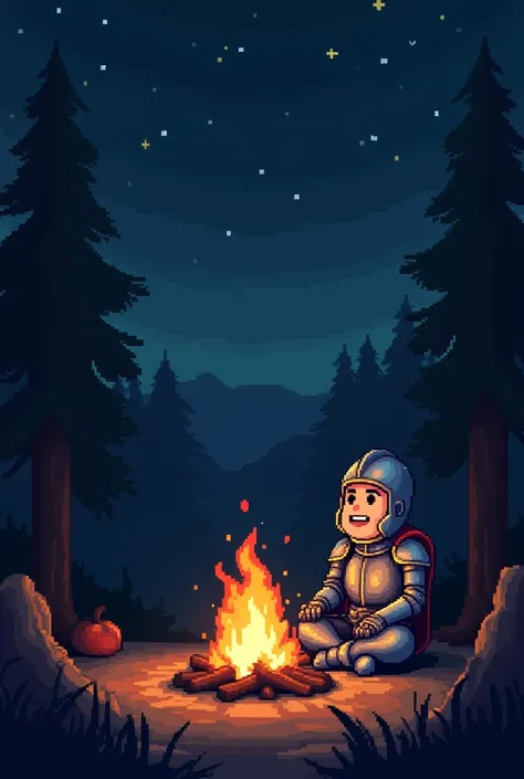  Pixels art knight at camp fire and singing