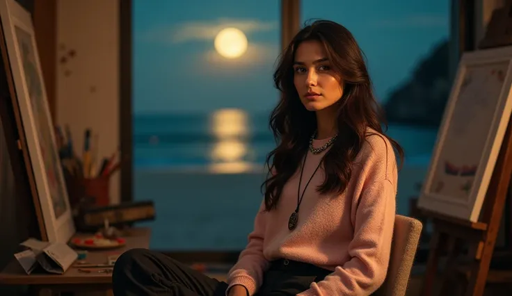 Caterina Bonucci, artist portrait, art studio, moonlit beach, large window, pastel cashmere sweater, dark trousers, loafers, dim lighting, golden light, long dark hair, prominent Chameleon's Tear gemstone necklace, contemplative expression, half-finished c...