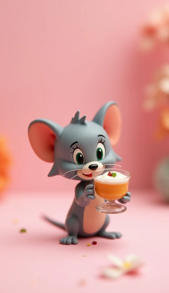 Cute little jerry is holding A tiny glass bowl of veggie maggie which is coin sized which is too cute to look. Background features soft pink color. Dont include anything extra.